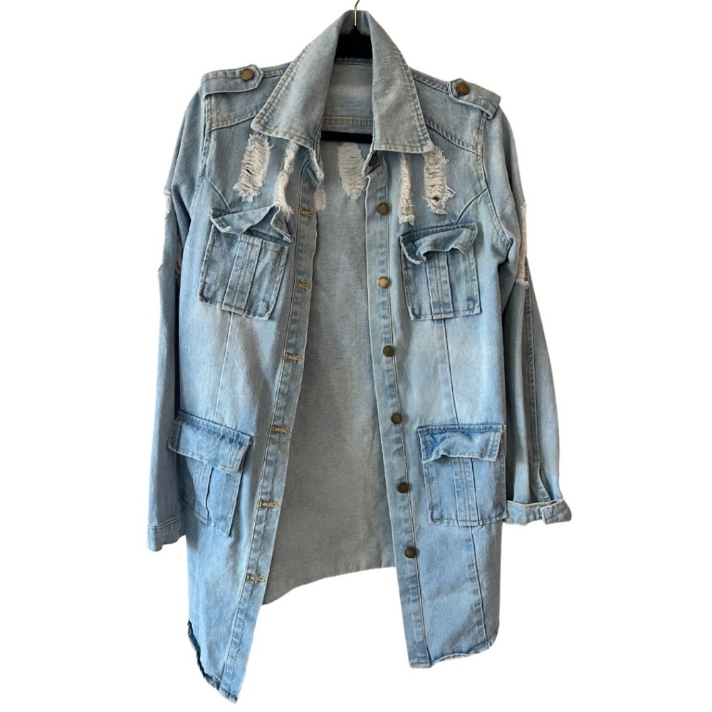 Stylish Tanming Long Distressed Jean Jacket Coat - Size Medium